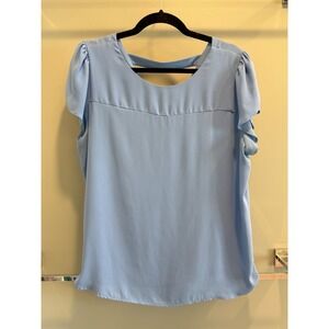 LOFT Light‎ Blue Flutter Sleeve, V open Back Blouse Women's Size L Fits XL
